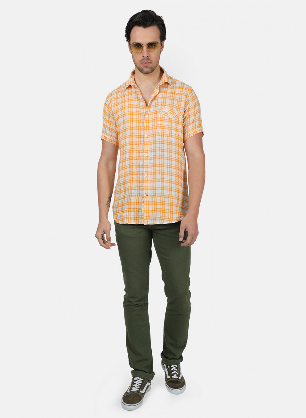 Men Orange Check Linen Shirt