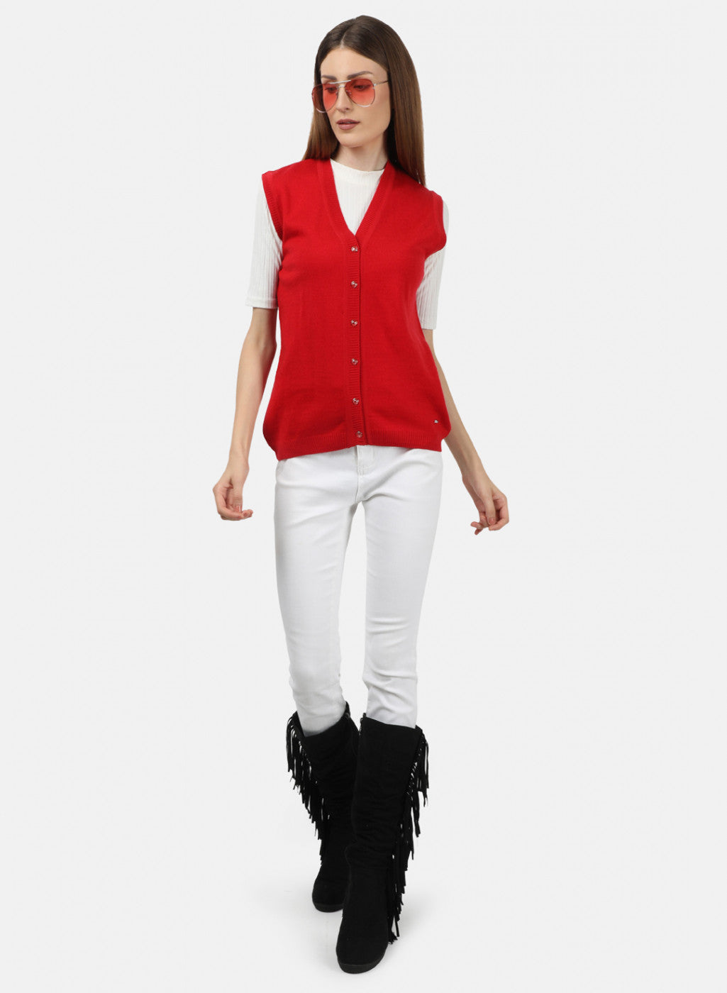 Women Red Solid Cardigan