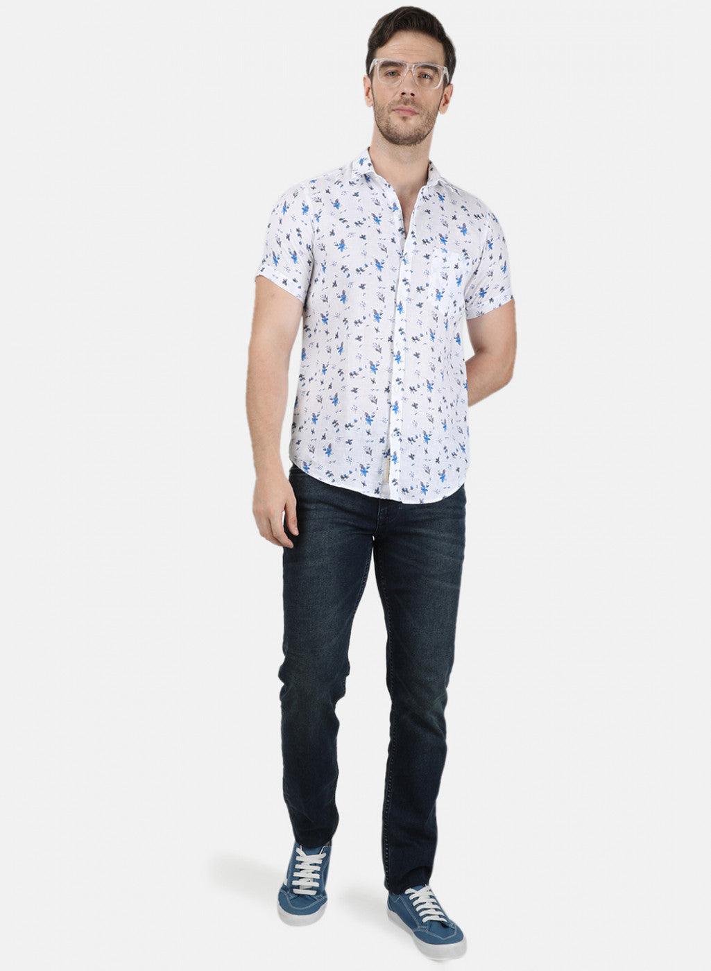 Mens Blue Printed Linen Shirt