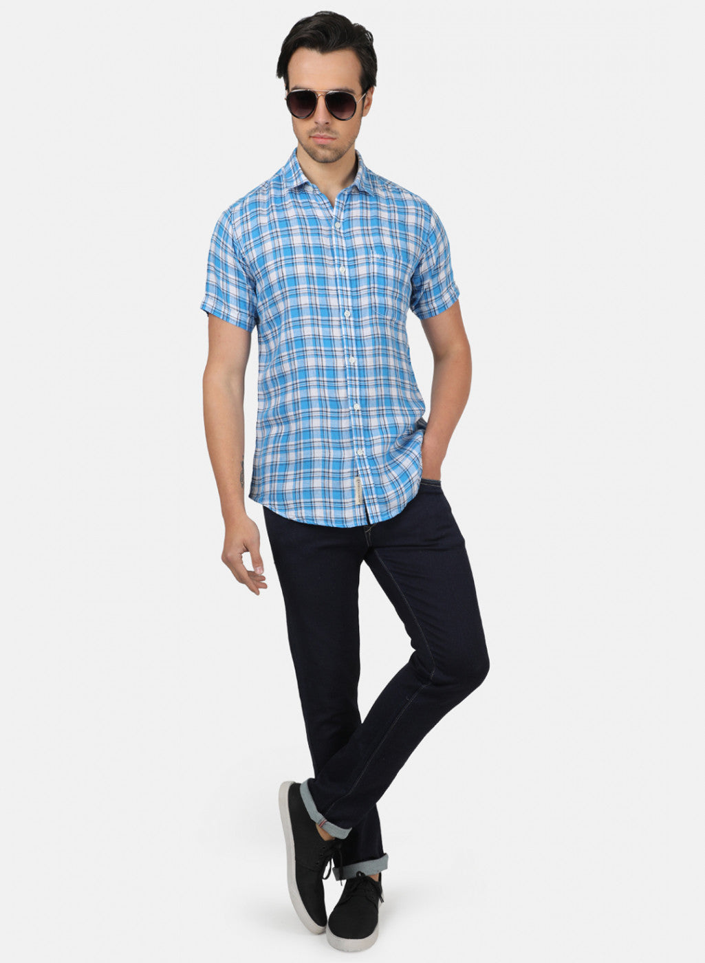Men Blue Check Linen Shirt