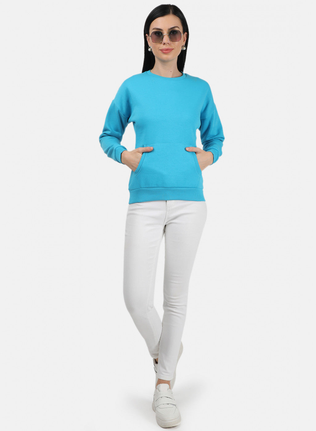 Women Blue Plain Sweatshirt