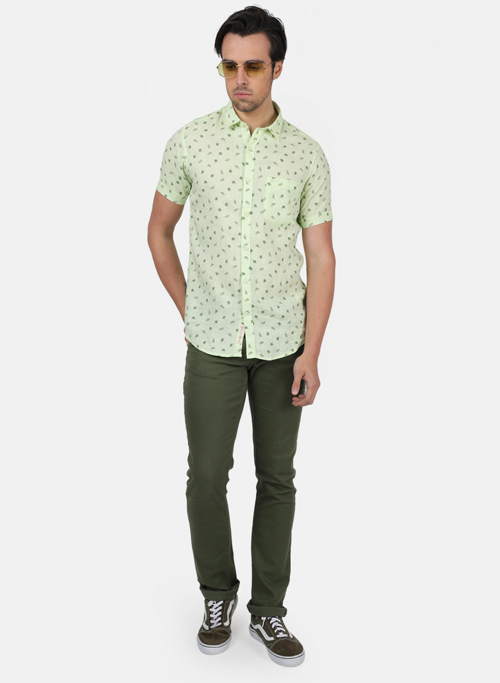 Men Green Printed Linen Shirt