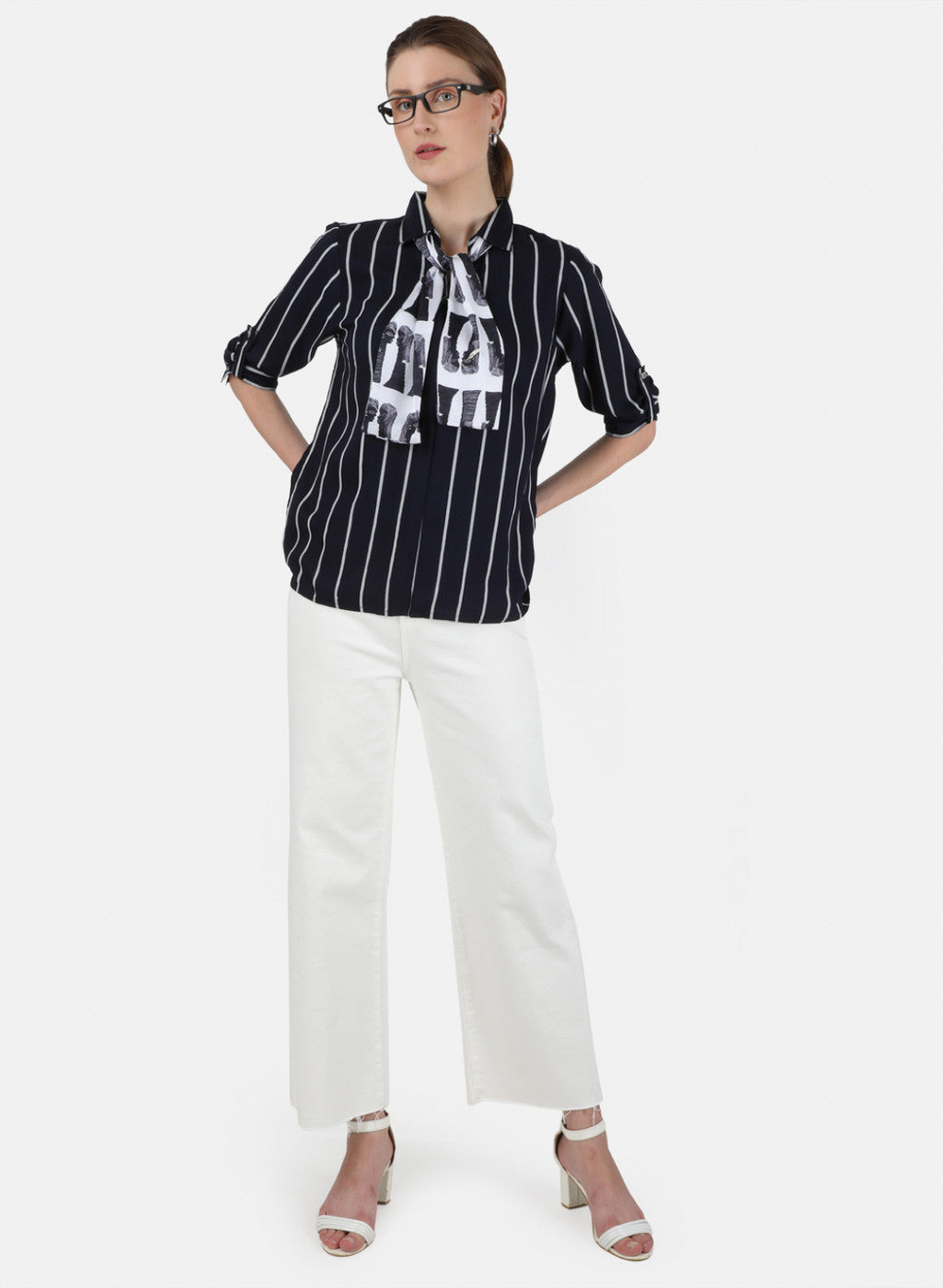 Womens Navy Blue & White Printed Top