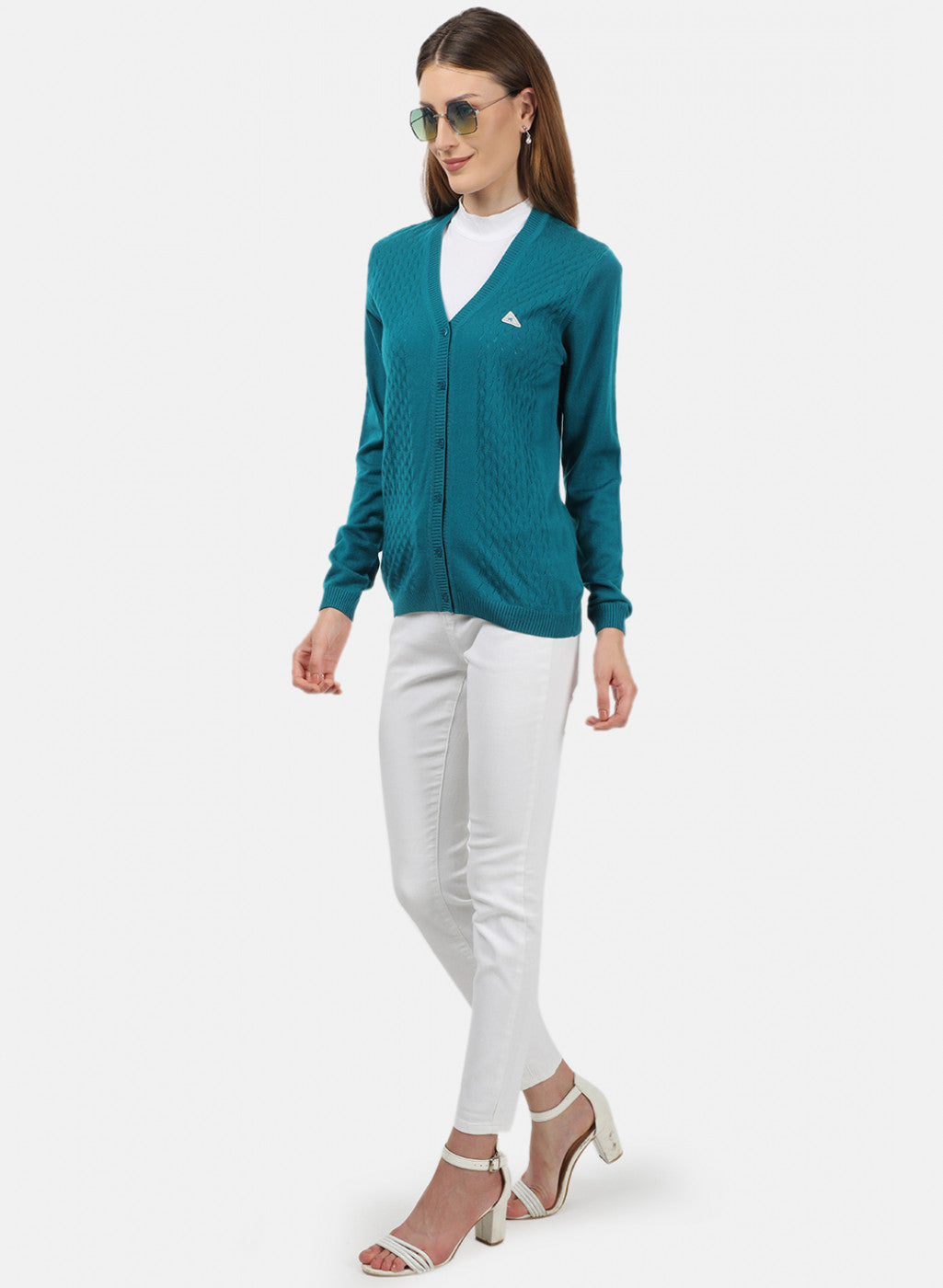 Women Blue Self Design Cardigan