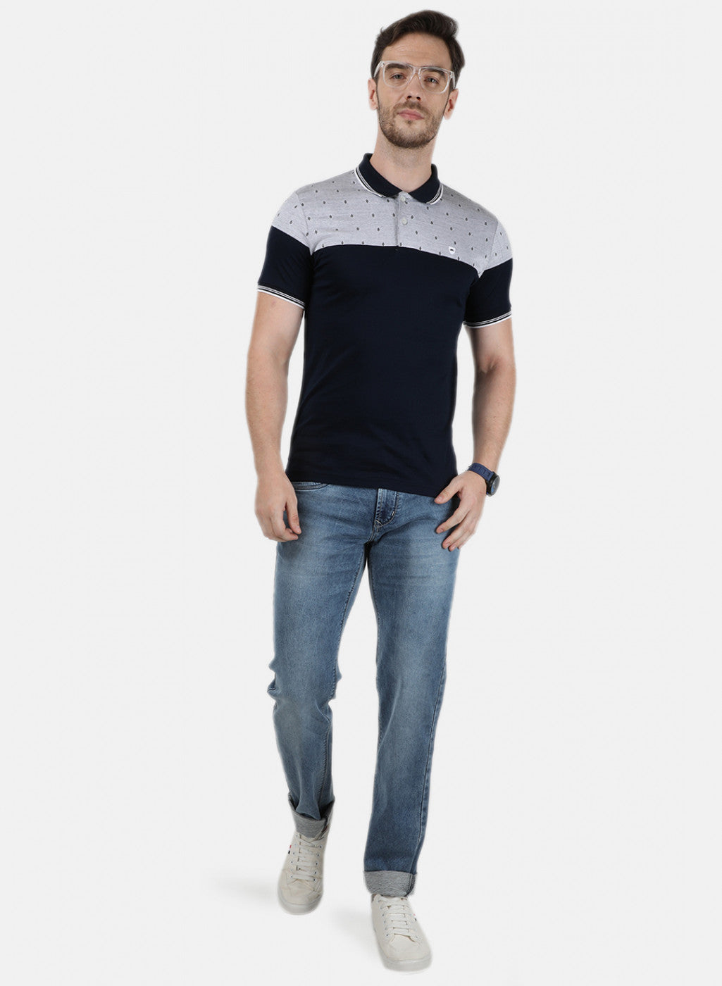 Mens NAvy Blue Jaquard Collar T-Shirts