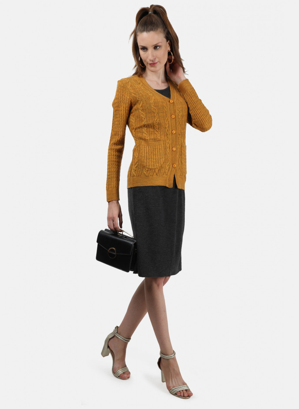Women Yellow Self Cardigan