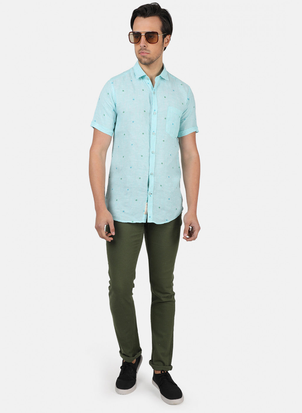 Men Blue Printed Linen Shirt