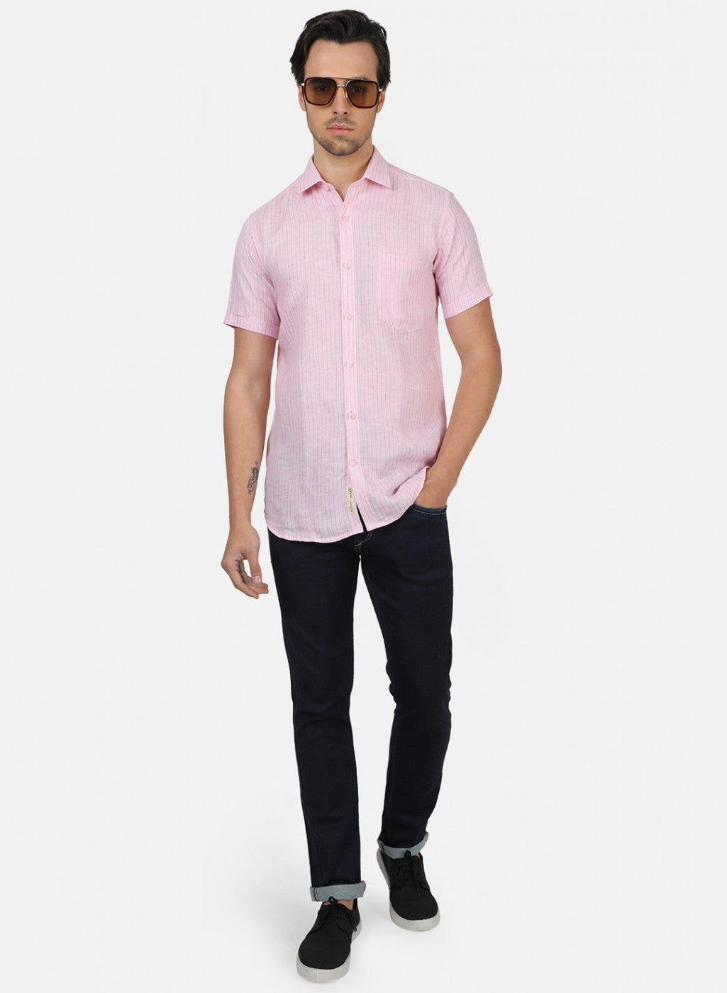 Men Pink Stripe Linen Shirt