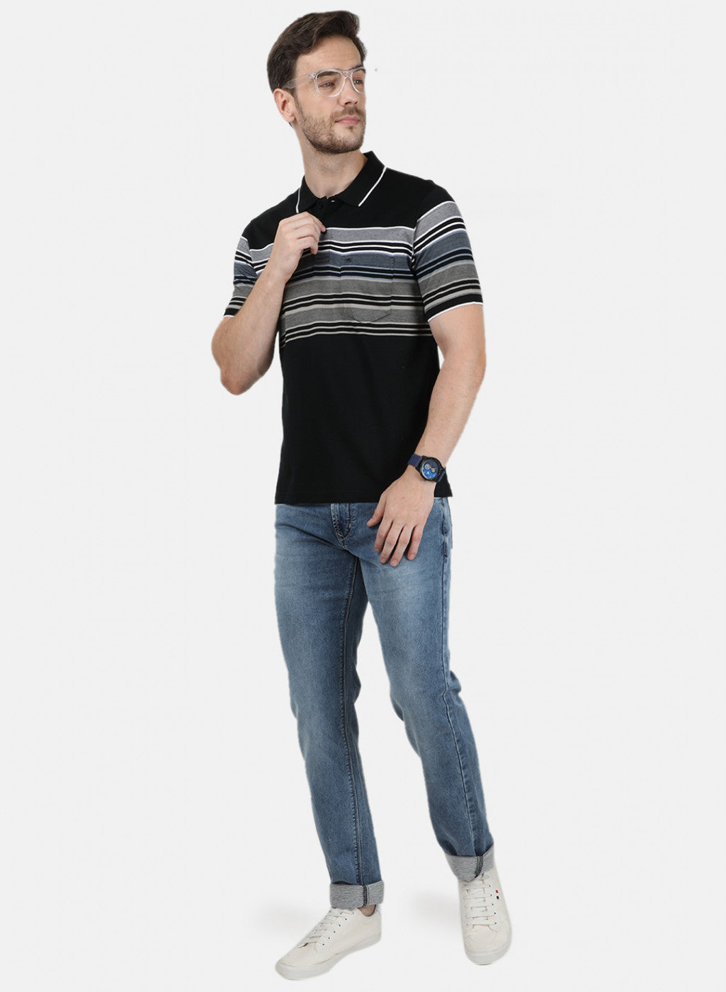 Mens Black Stripe Collar T-Shirts