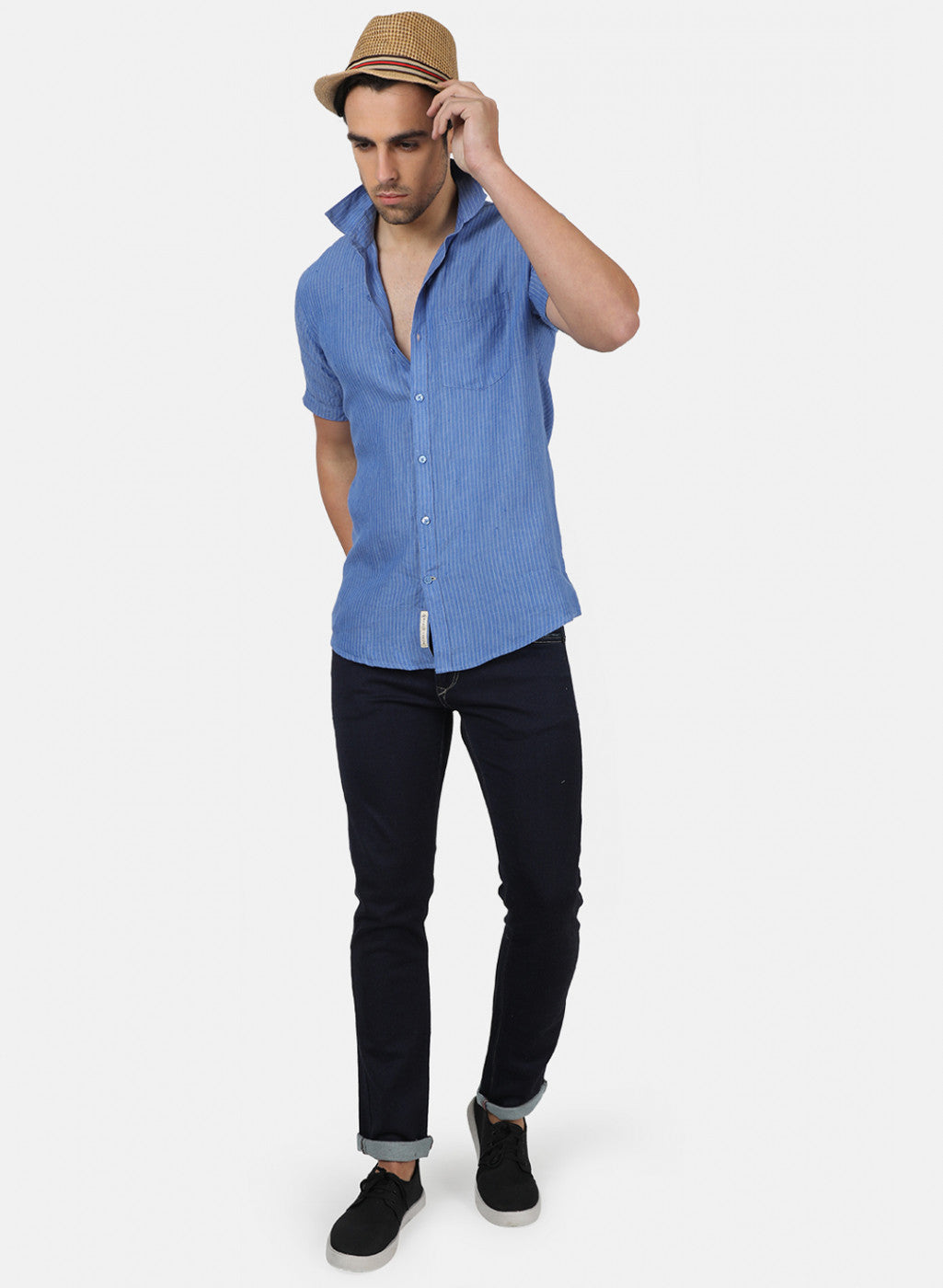 Men Blue Stripe Linen Shirt