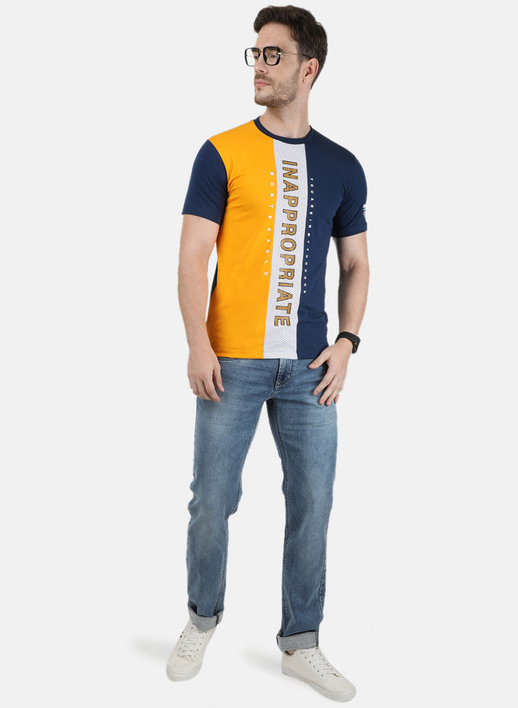 Mens Mustard Printed Round Neck T-Shirts