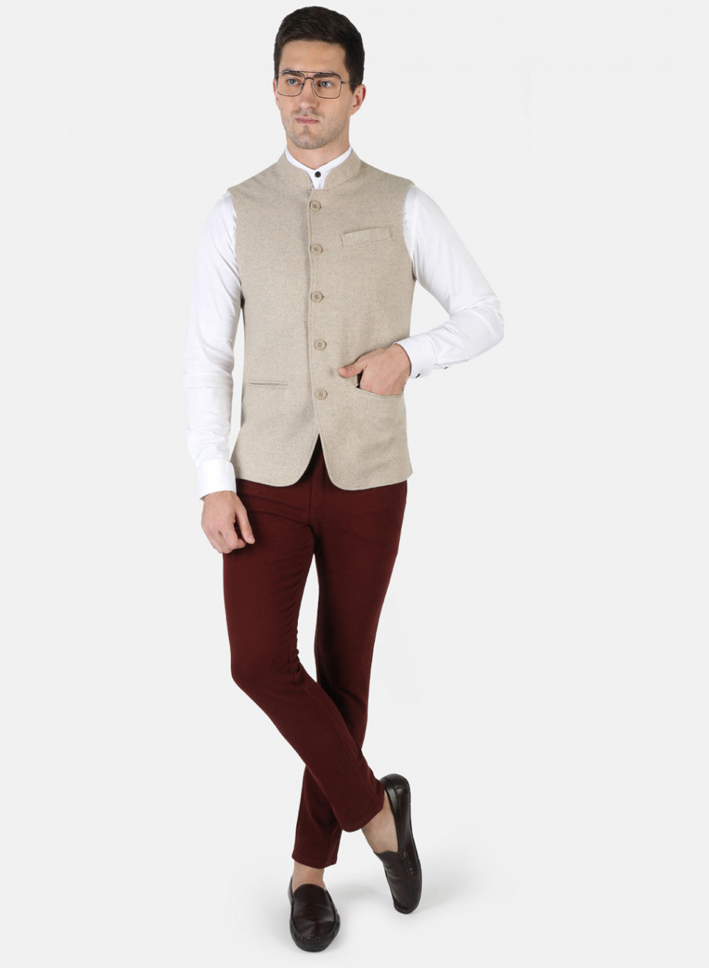 Men Beige Plain Coat