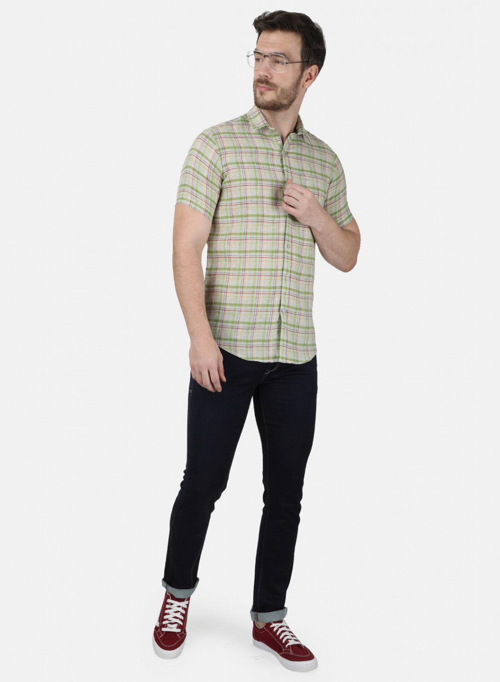 Mens Olive Check Linen Shirt