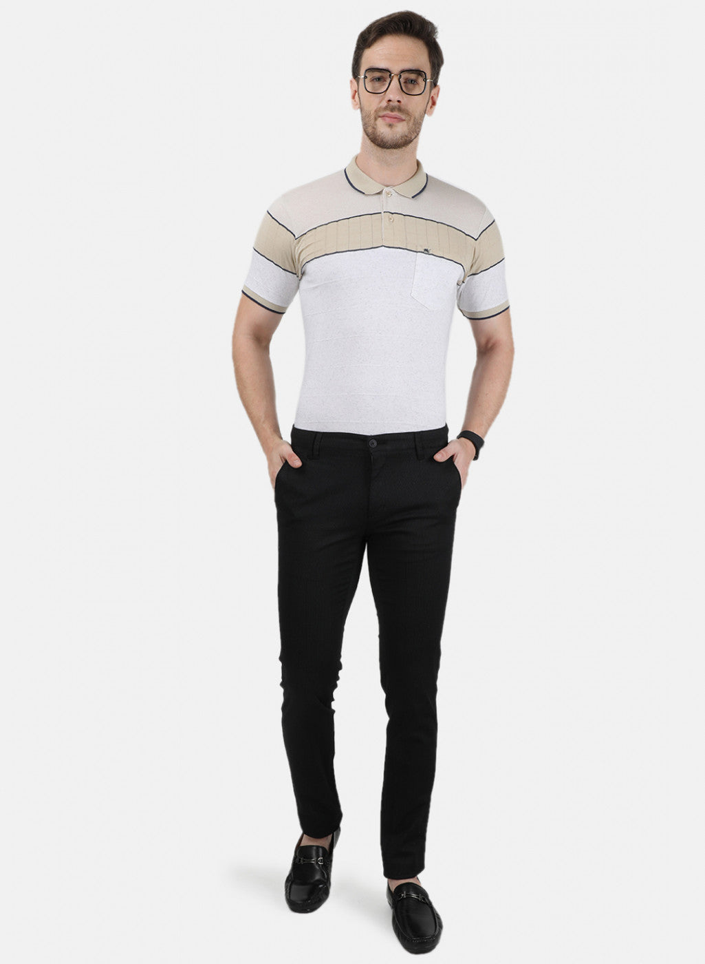 Mens Beige Stripe Collar T-Shirts