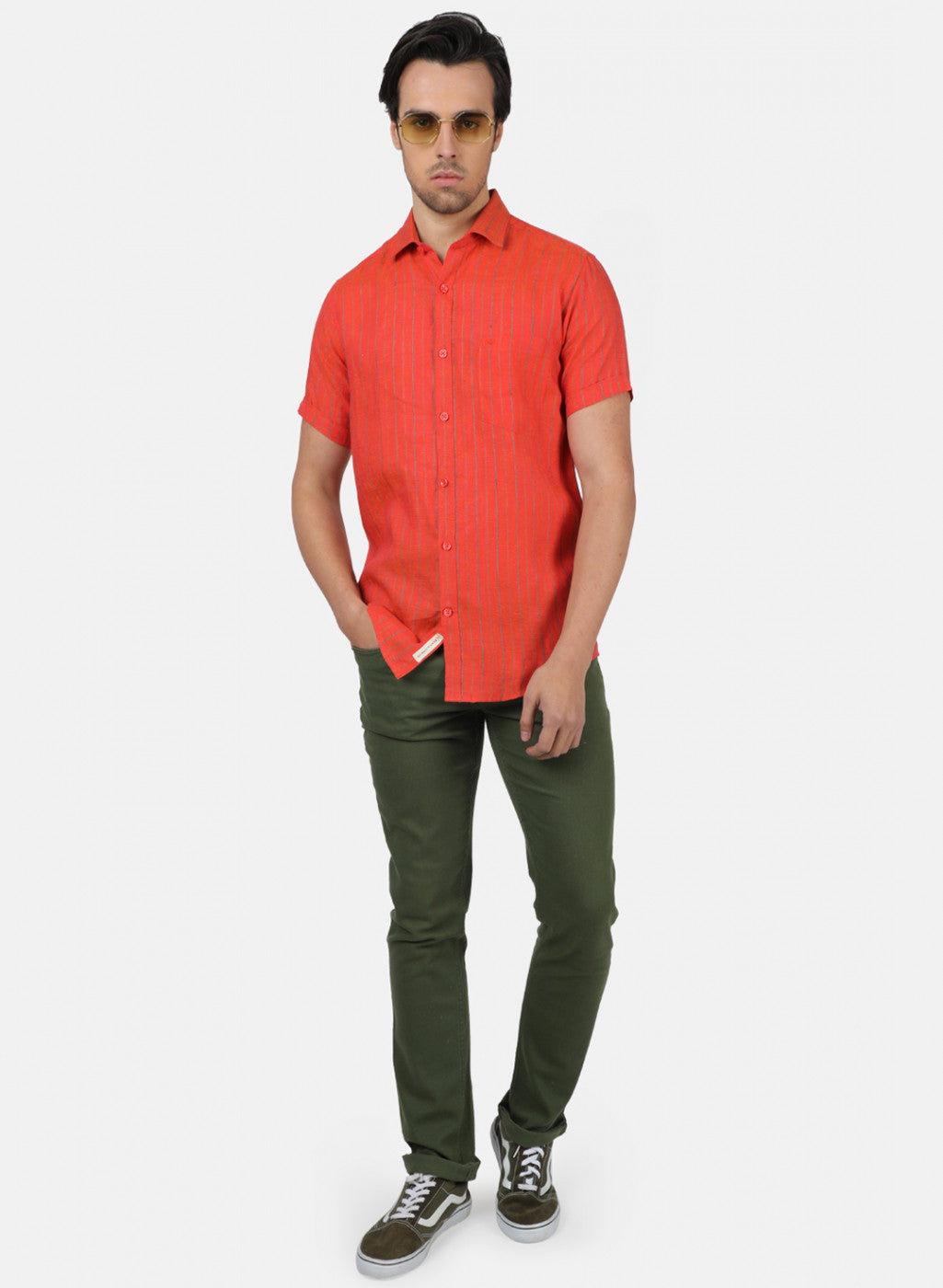 Men Red Stripe Linen Shirt