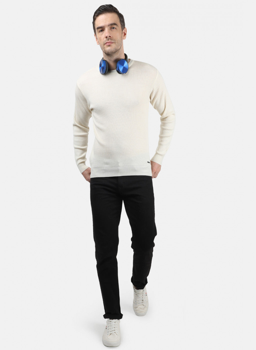 Men Off White Solid Pullover