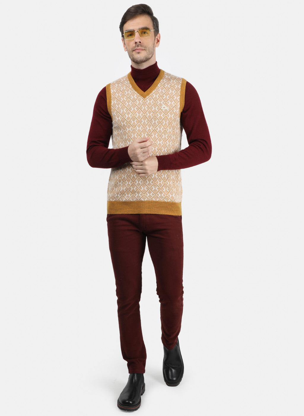 Men Mustard & White Solid Sweater