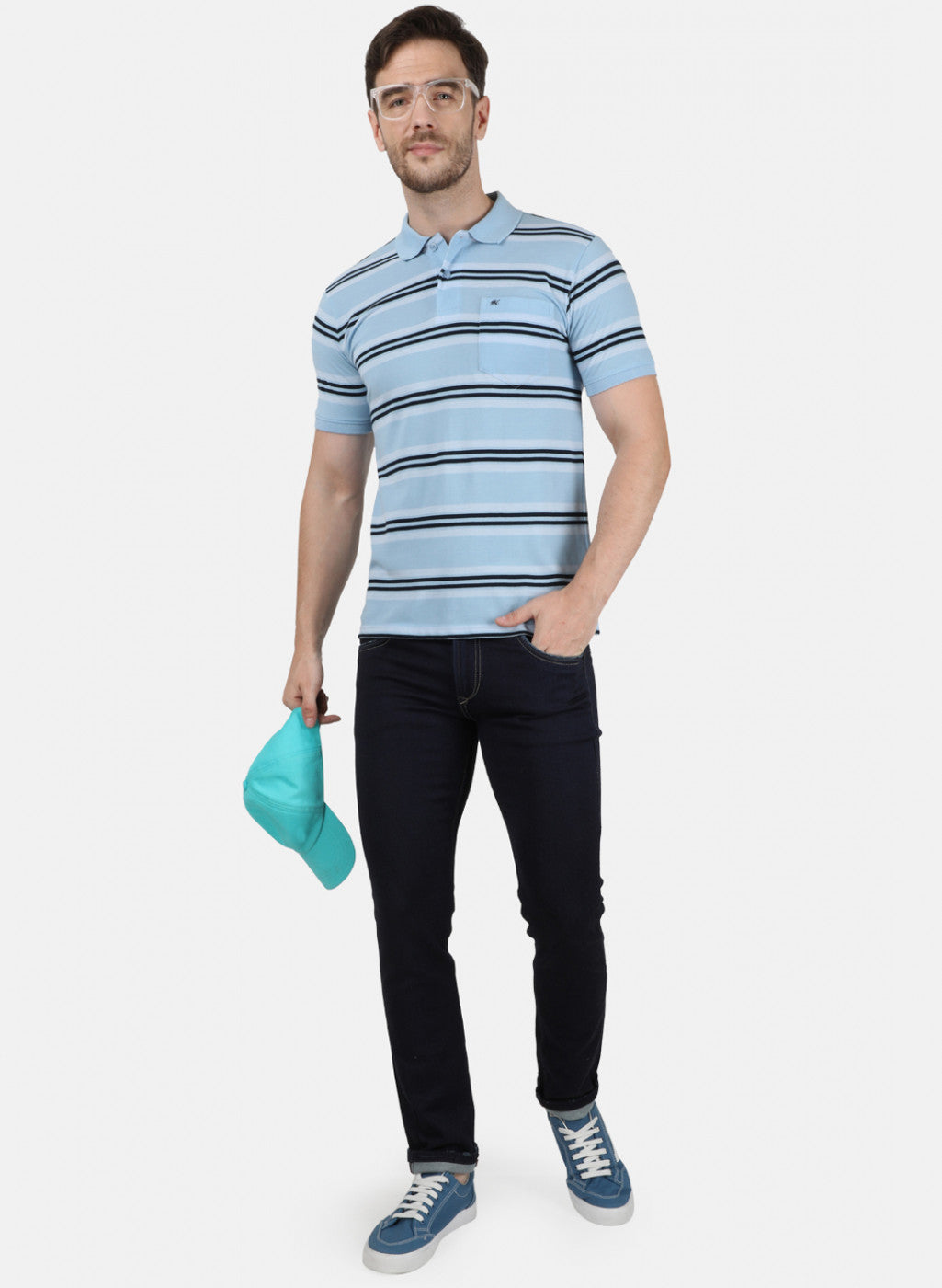 Mens Sky Blue Stripe Collar T-Shirts
