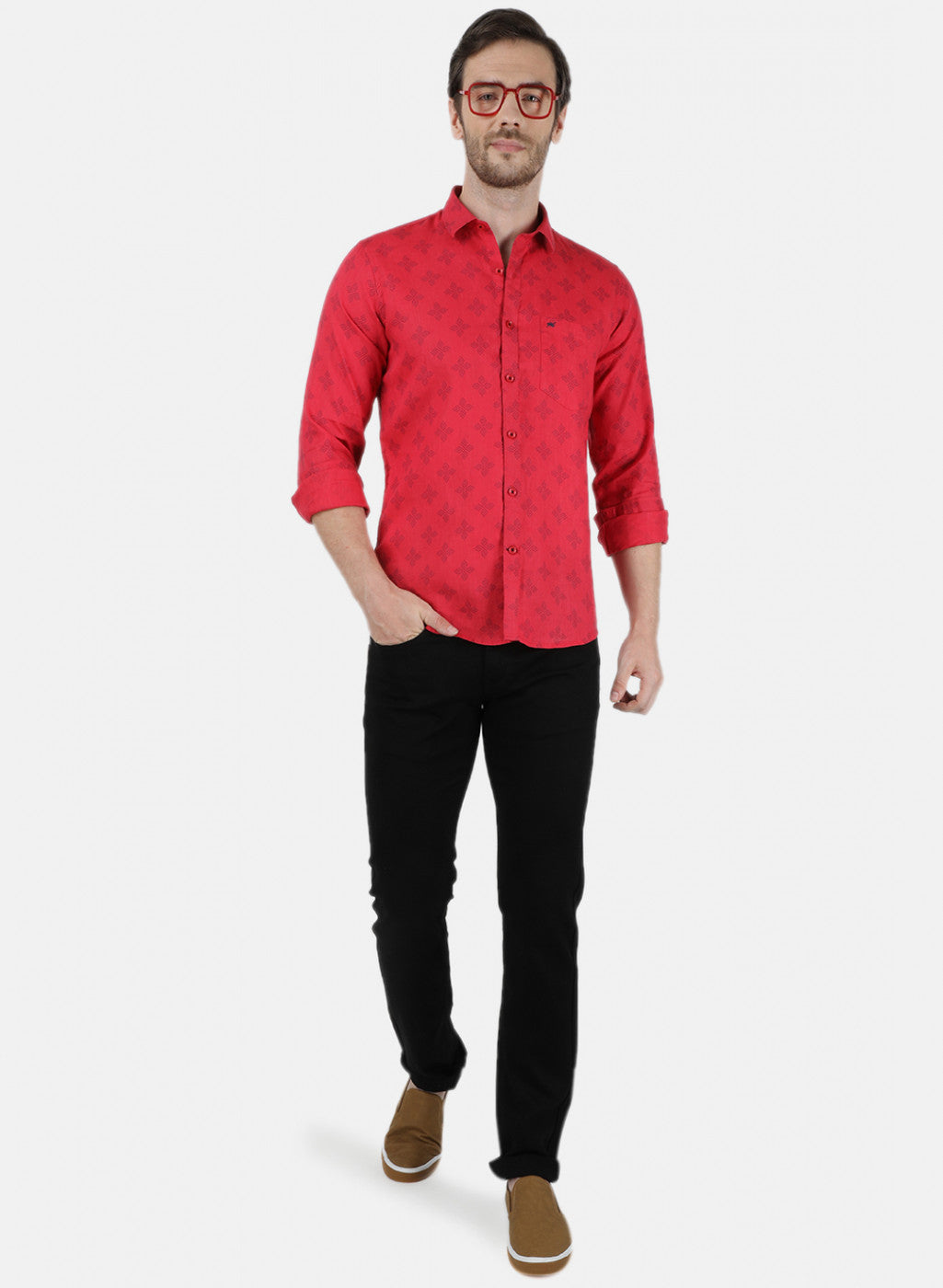 Mens Maroon Printed Linen Shirt