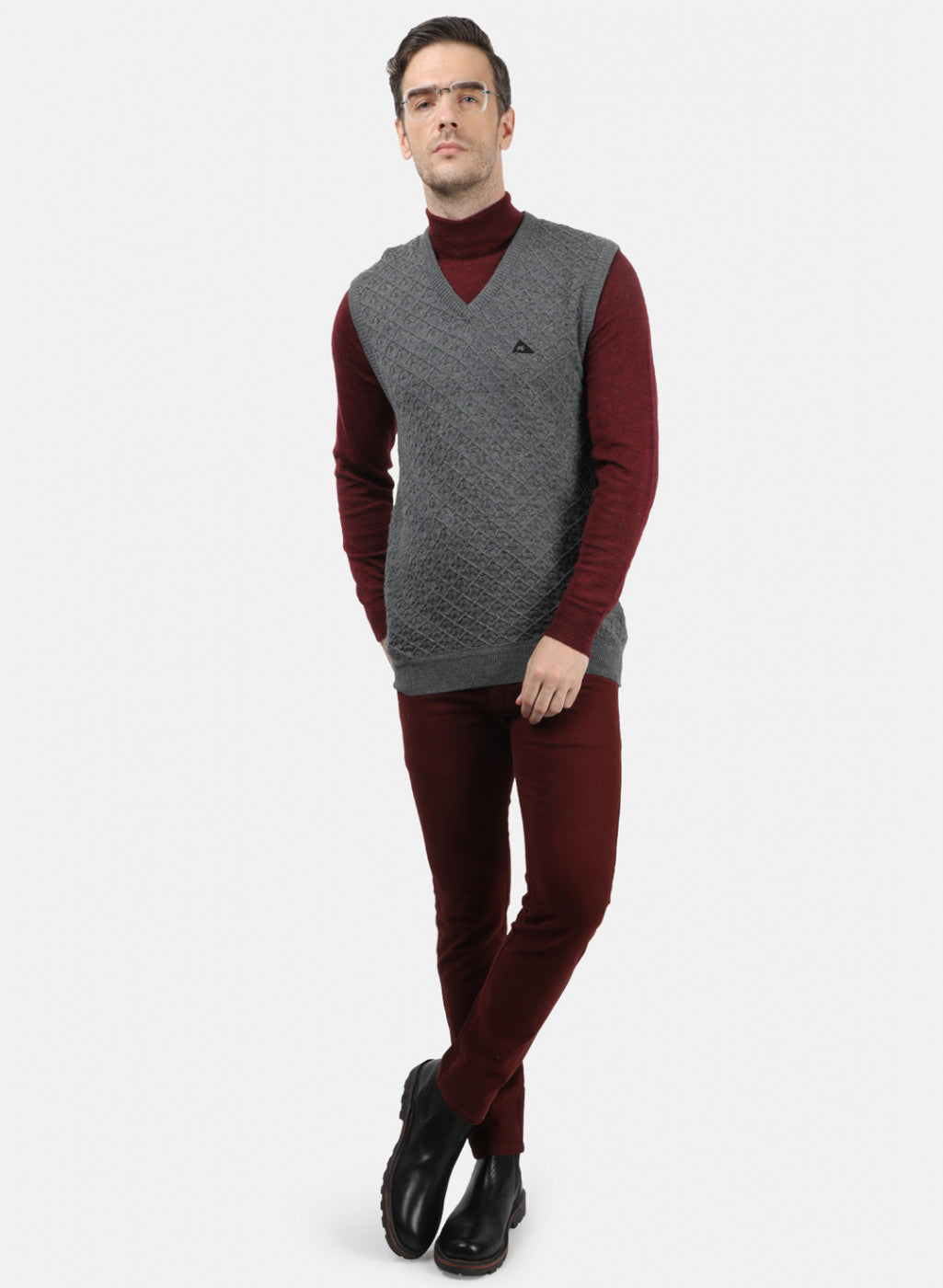 Men Grey Self Design Sweater