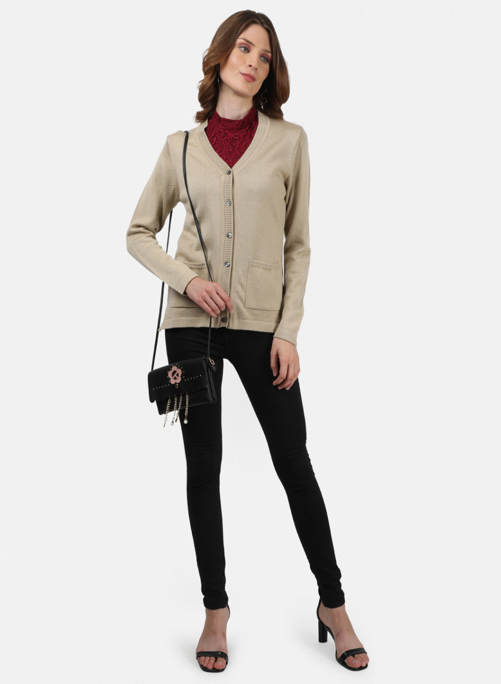 Women Beige Solid Cardigan