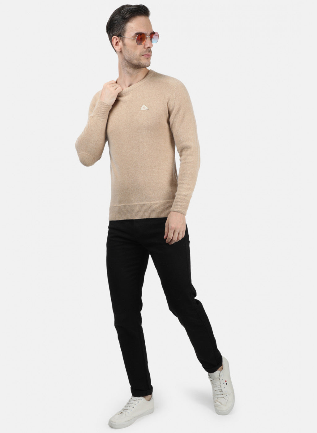 Men Beige Solid Pullover