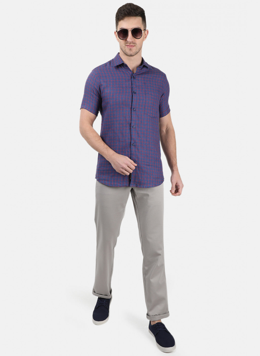 Men Blue Check Linen Shirt
