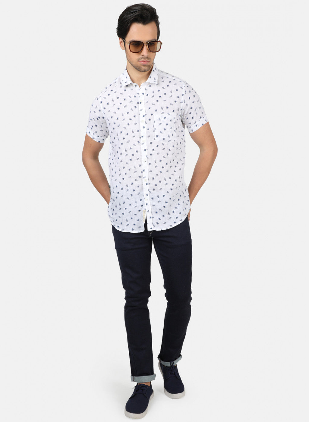Men White Printed Linen Shirt