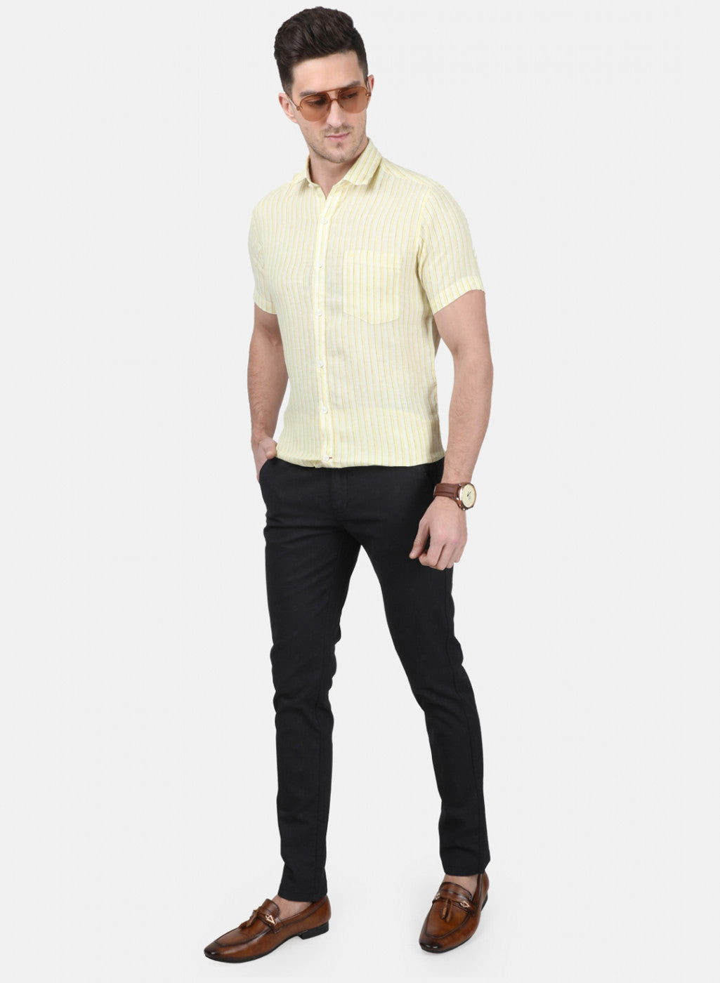 Mens Yellow Stripe Linen Shirt