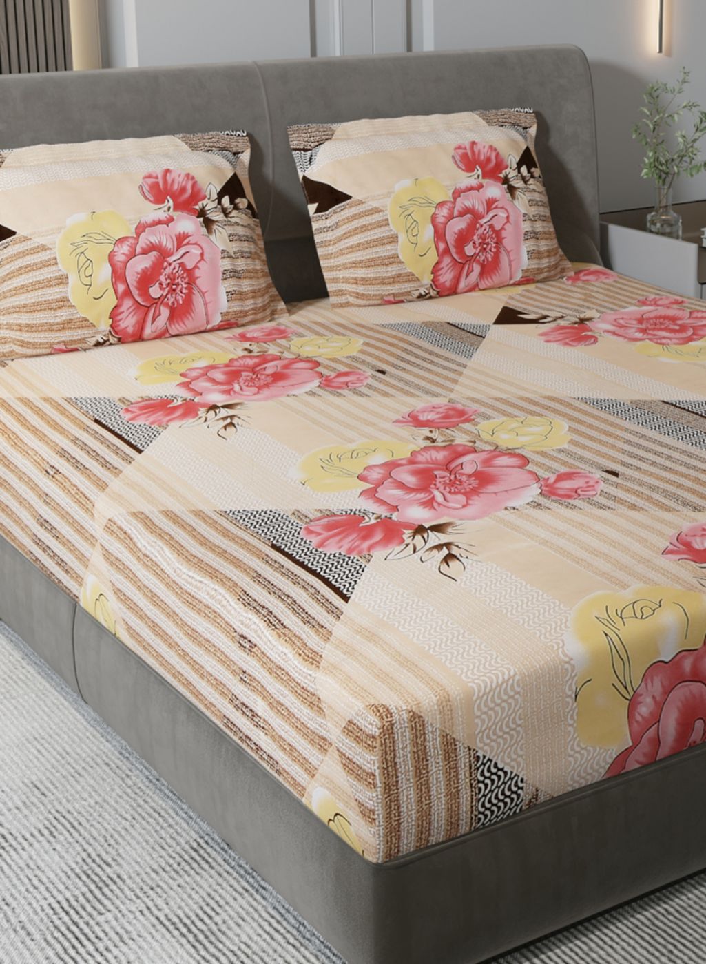 130 GSM Polyester Queen Bedsheet with 2 Pillow Covers