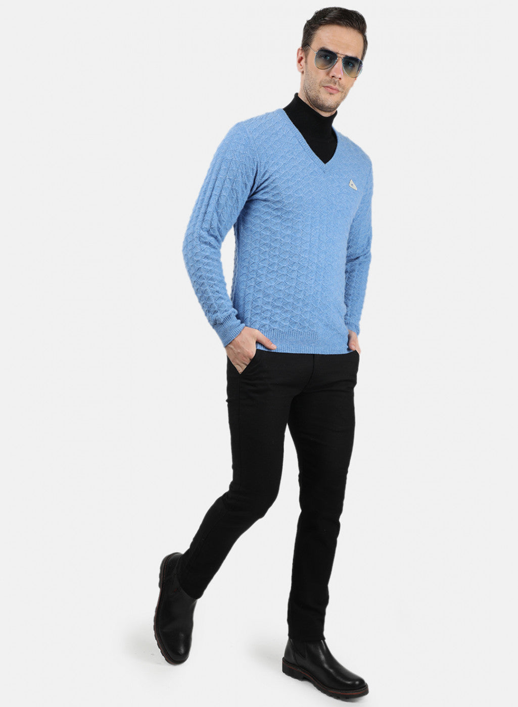 Men Blue Self Design Pullover