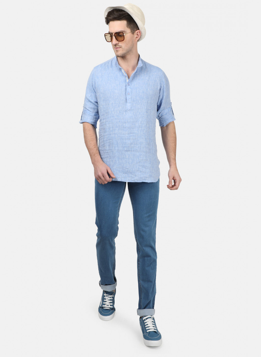 Mens Sky Blue Solid Linen Shirt