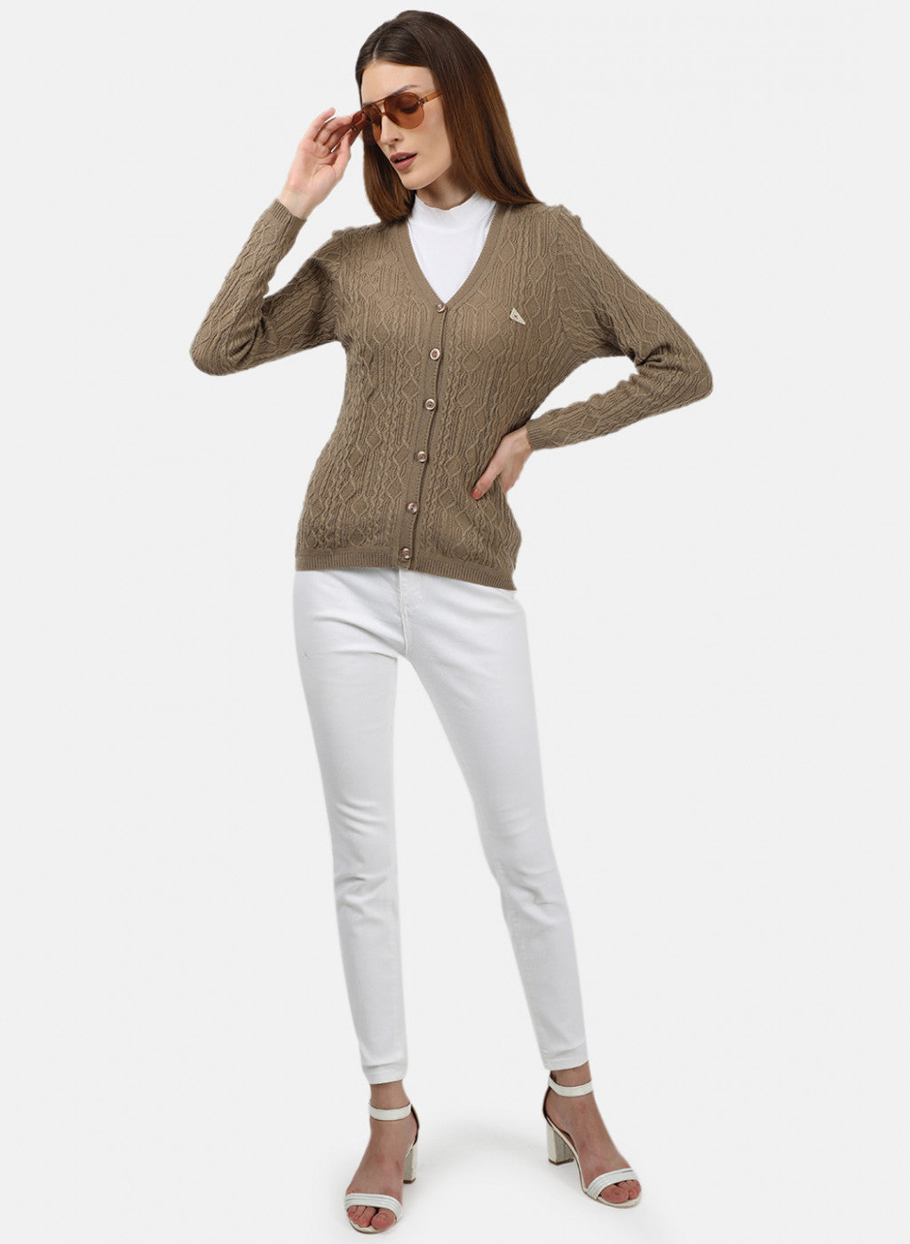 Women Brown Self Design Cardigan