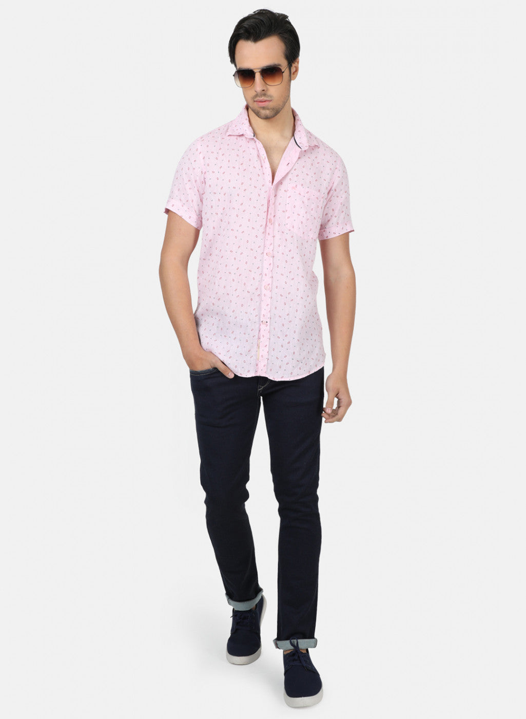 Men Pink Printed Linen Shirt