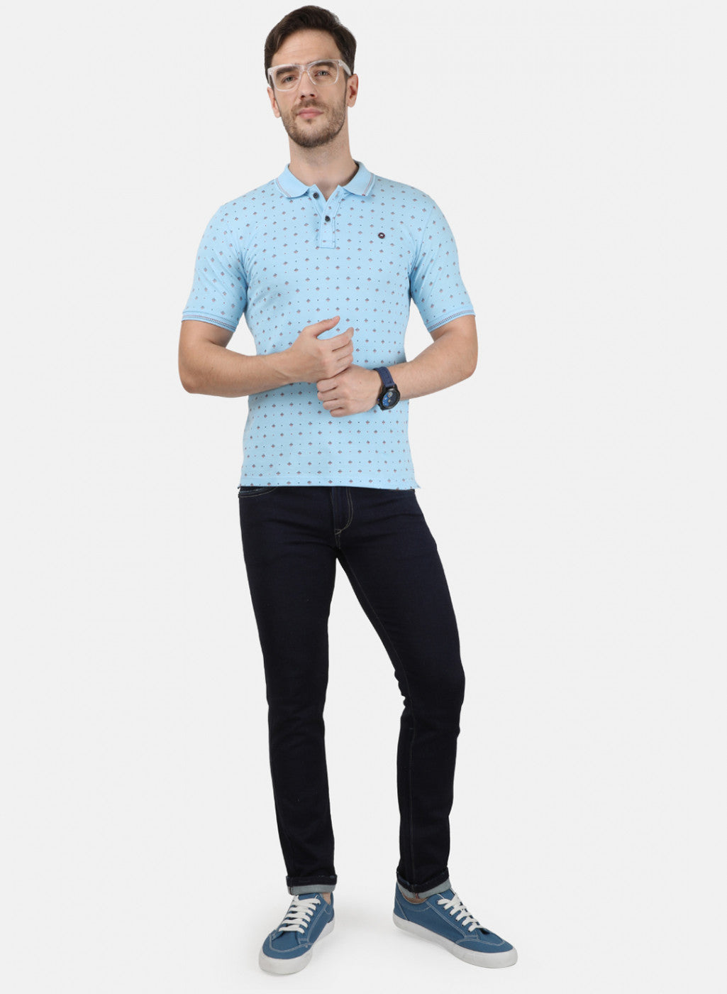 Mens Sky Blue Printed Collar T-Shirts