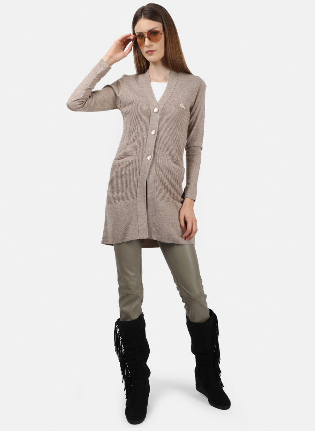 Women Beige Self Design Cardigan
