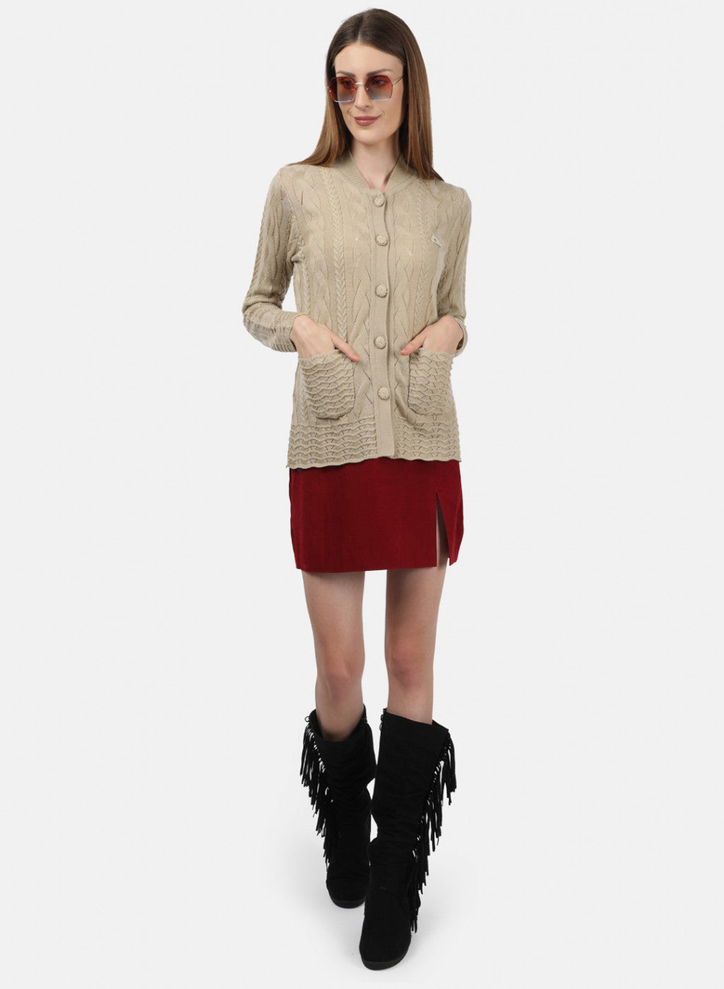 Women Beige Self Design Cardigan