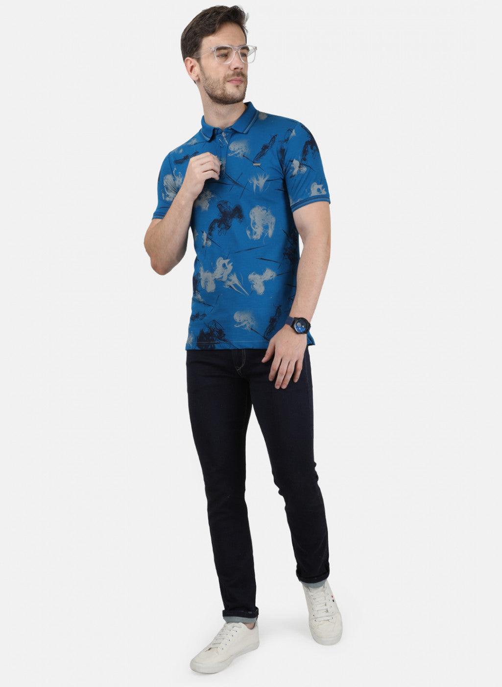 Mens Blue Printed Collar T-Shirts