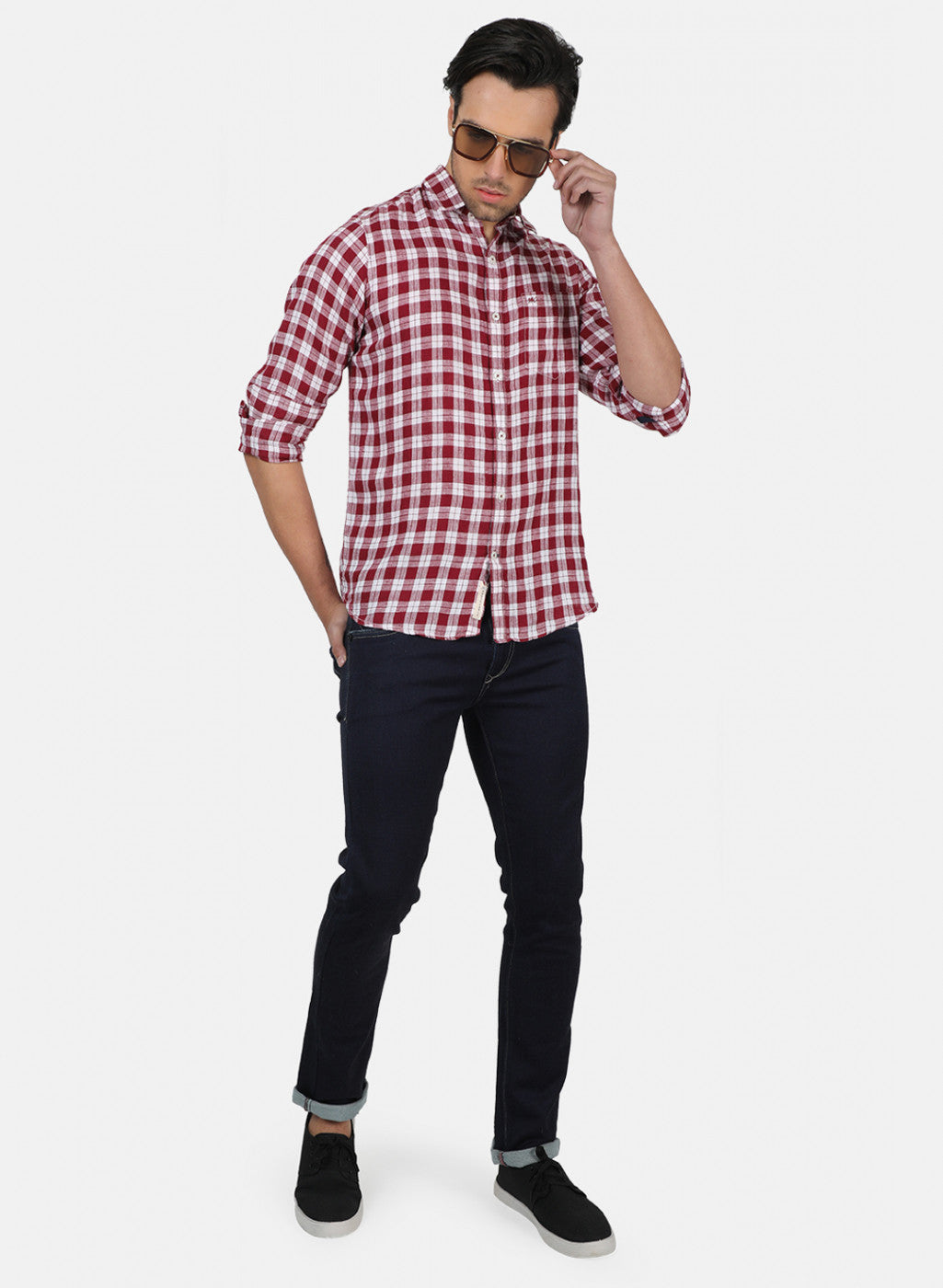 Men Maroon Check Linen Shirt