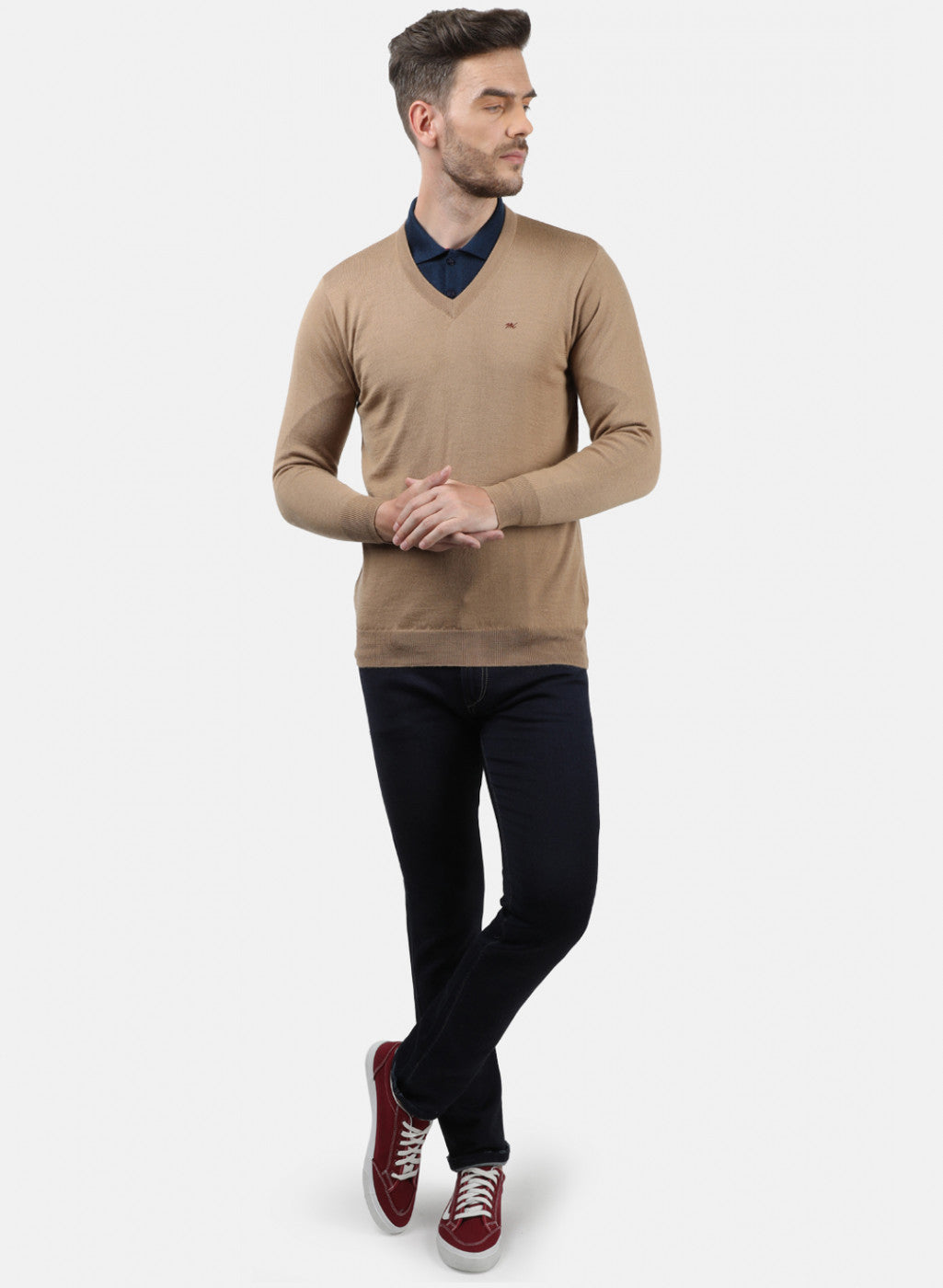 Men Beige Solid Pullover