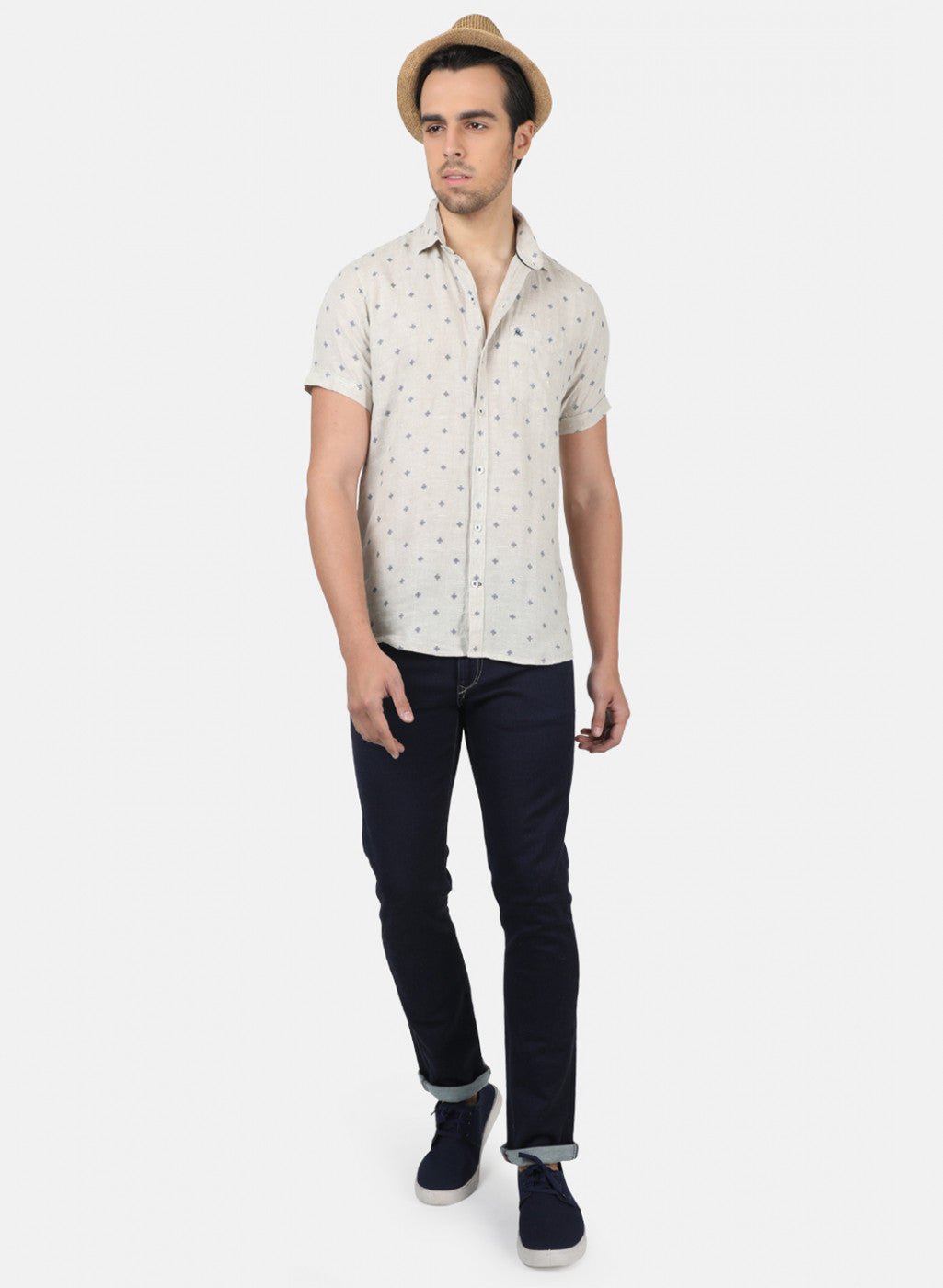 Men Grey Printed Linen Shirt