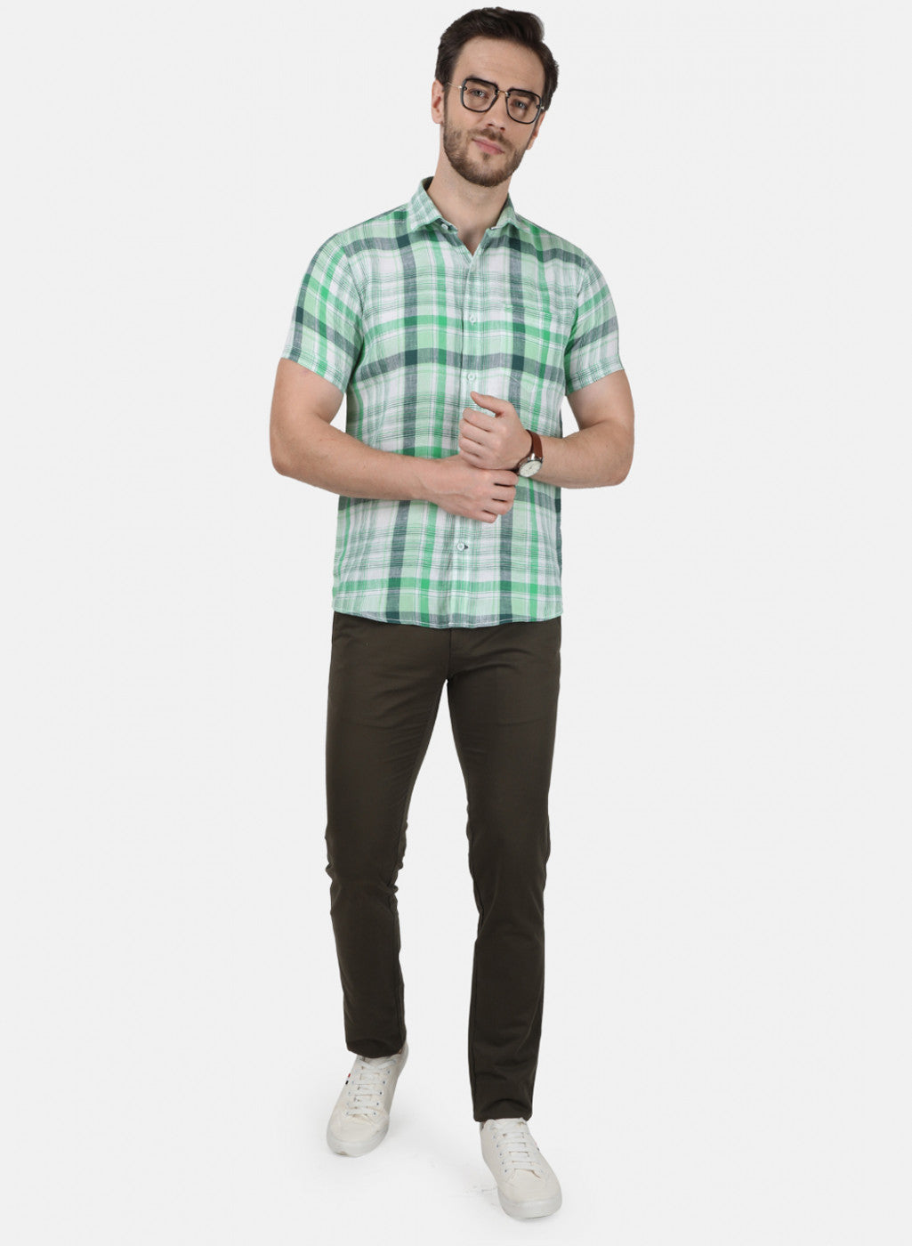 Mens Green Check Linen Shirt