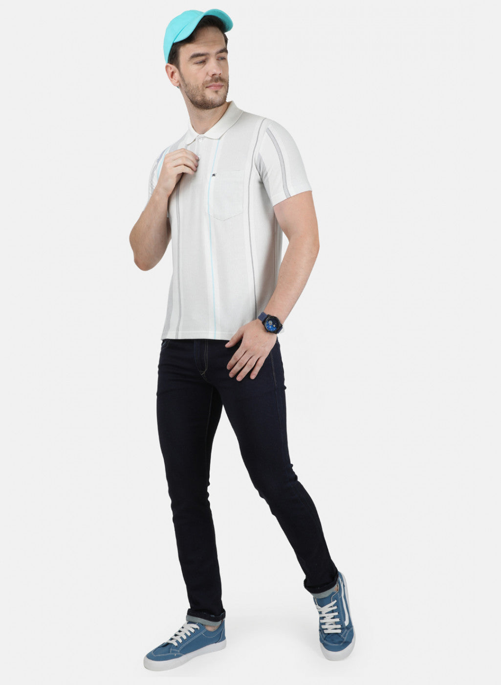 Mens Off White Stripe Collar T-Shirts