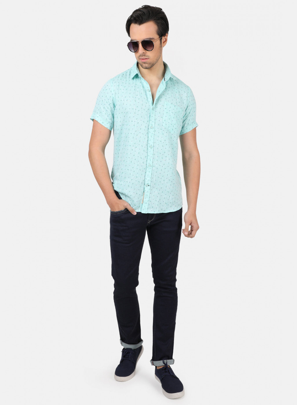Men Green Printed Linen Shirt