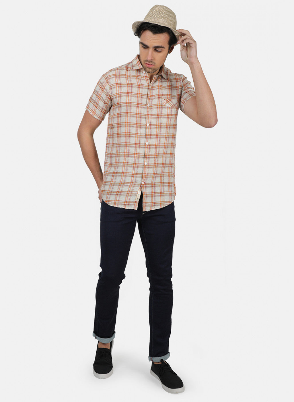 Men Beige Check Linen Shirt