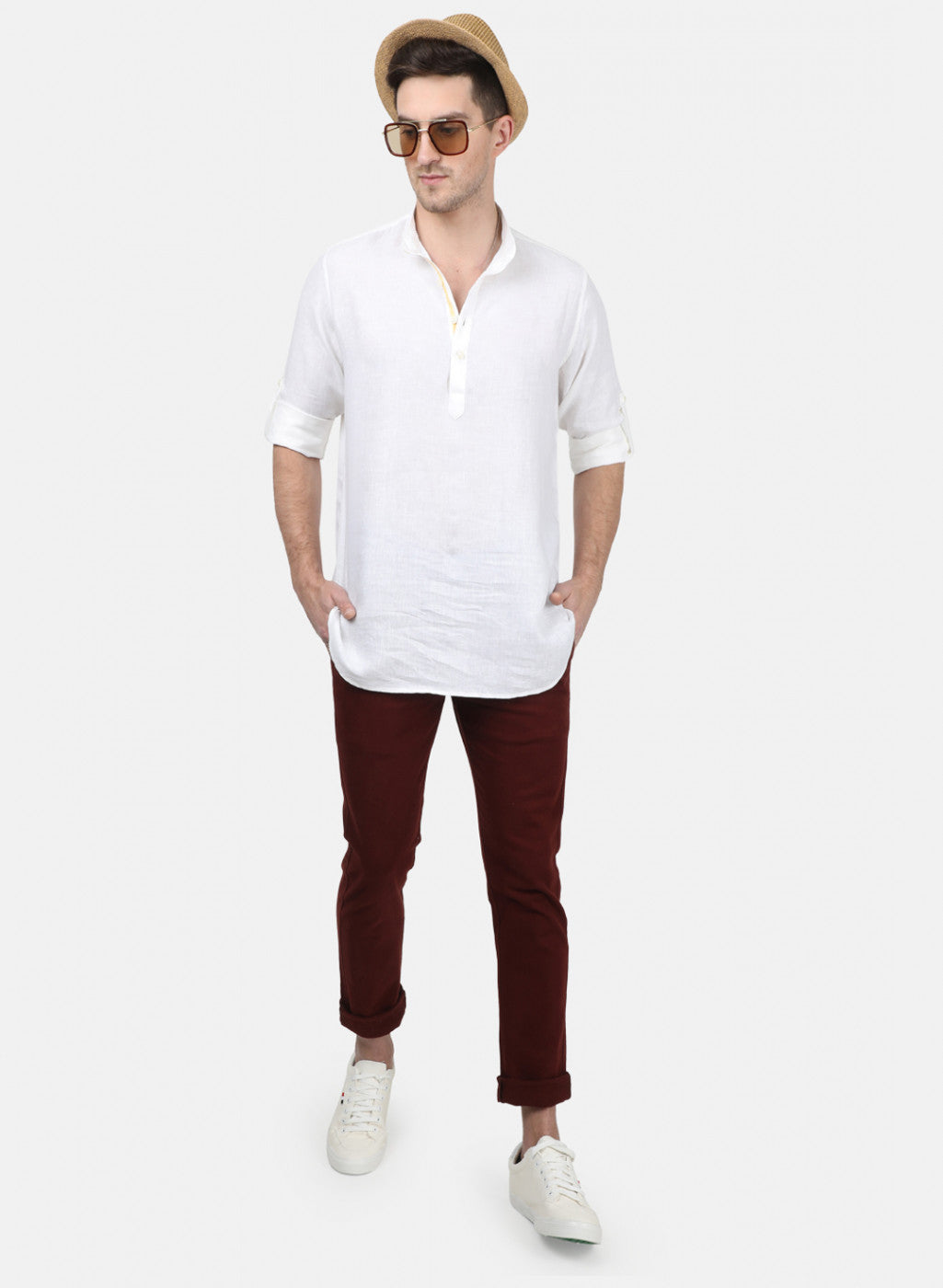 Mens White Solid Linen Shirt