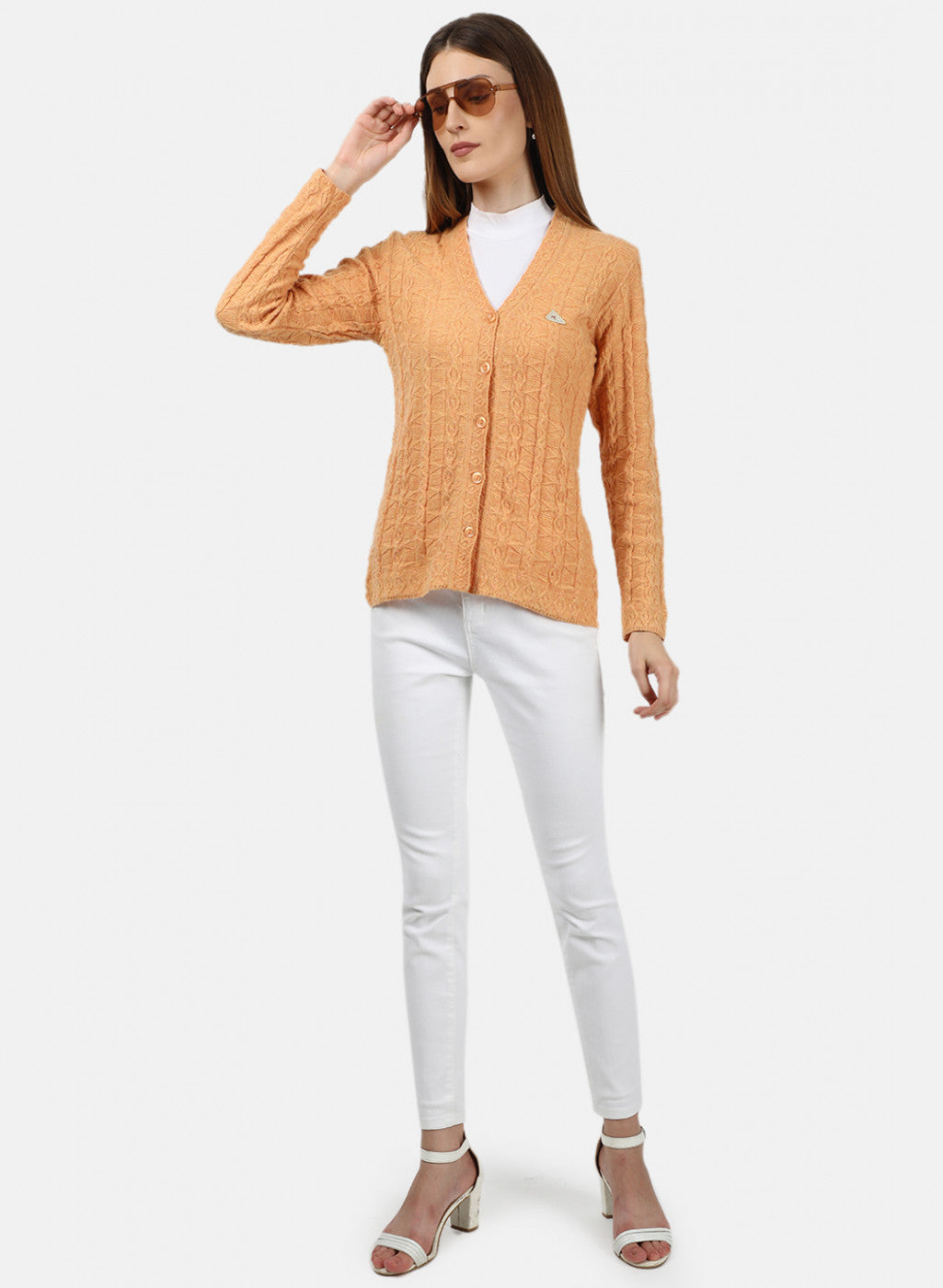 Women Light Orange Self Design Cardigan