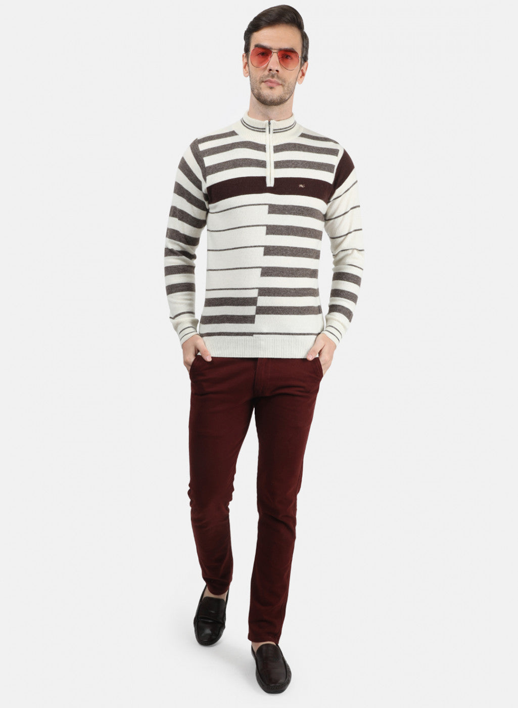 Men Off White & Brown Solid Pullover