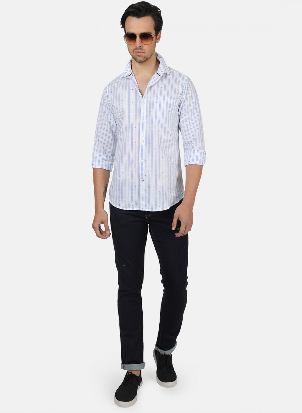 Men Sky Blue Stripe Linen Shirt