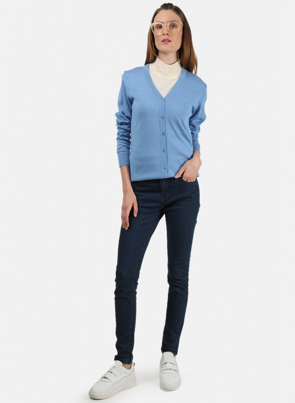 Women Sky Blue Solid Cardigan